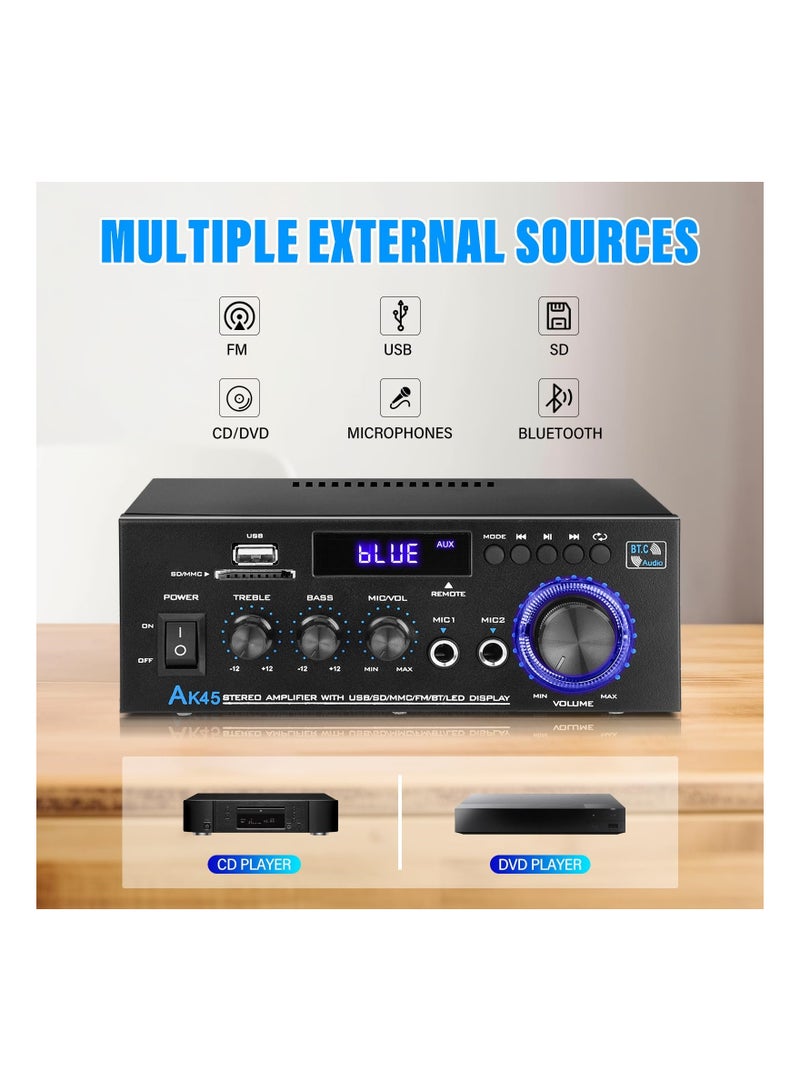 Stereo Audio Amplifier, 2 Channel Wireless Bluetooth Receiver Home Theater Amplifier Remote Control System Home Amplifiers Bluetooth Audio Receiver Home Theater System for FM Radio, USB, SD Card - Image 3